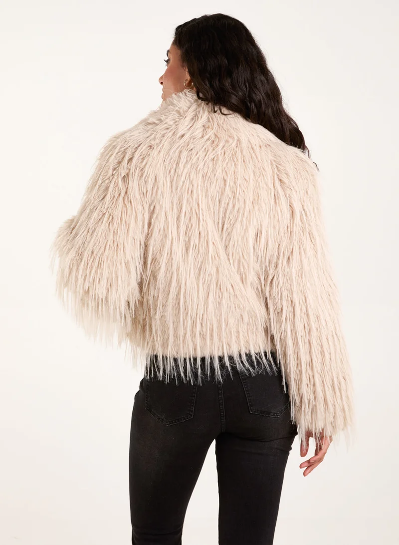 Blue Vanilla Textured Faux Fur Collar Coat